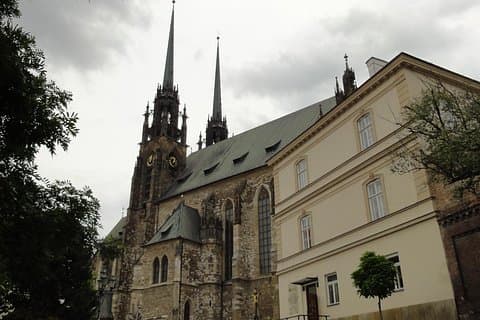 St. Peter and Paul Cathedral on Petrov Hill in Brno, a landmark with Gothic and Baroque elements and towering twin spires visible across the city.
