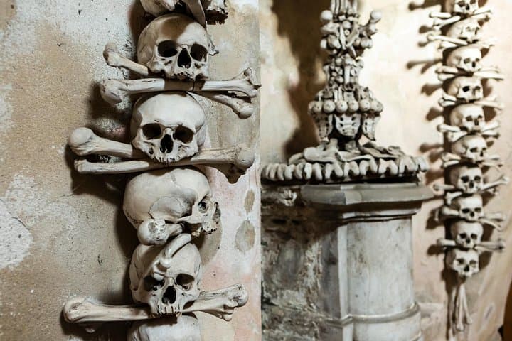 Decorations are made of human bones inside the Sedlec Ossuary.