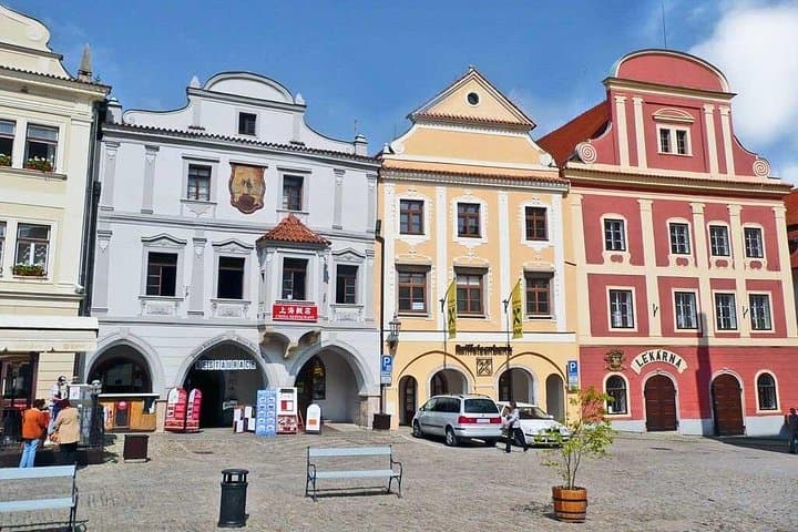 The colorful houses in the Old Town Square of Cesky Krumlov