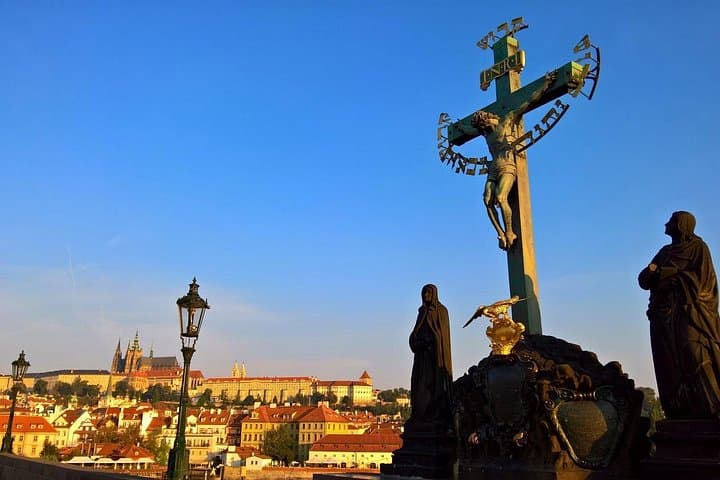 Prague castle from Charles bridge, crucifixion