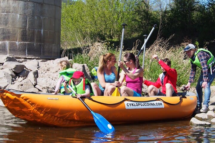 Happy family on raft