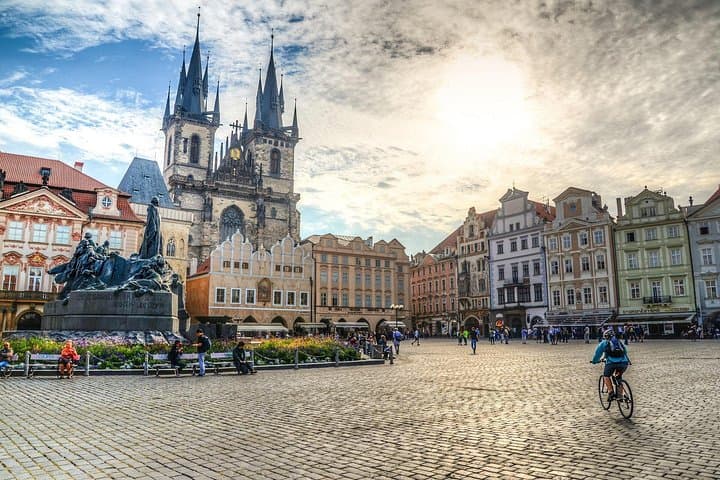 The Old Town Square of Prague with color facades and the Church of Our Lady Before Tyn