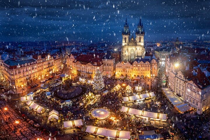 The main Prague Christmas Market in the Old Town Square is seen from the tower of the Old Town Hall.
