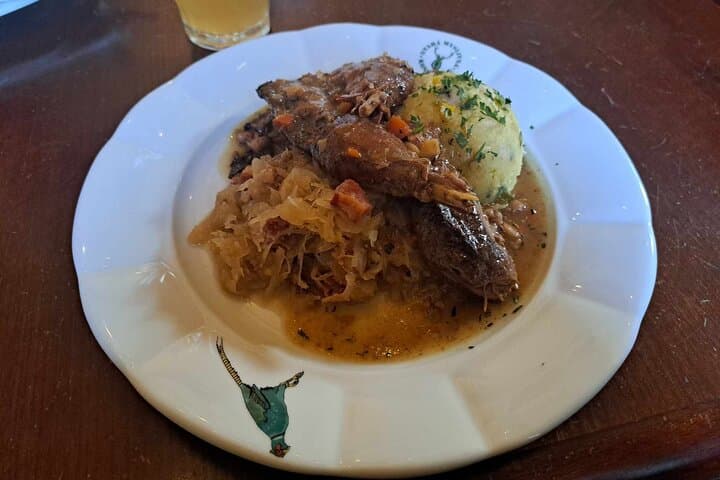 Pheasant leg with mashed potatoes and cabbage