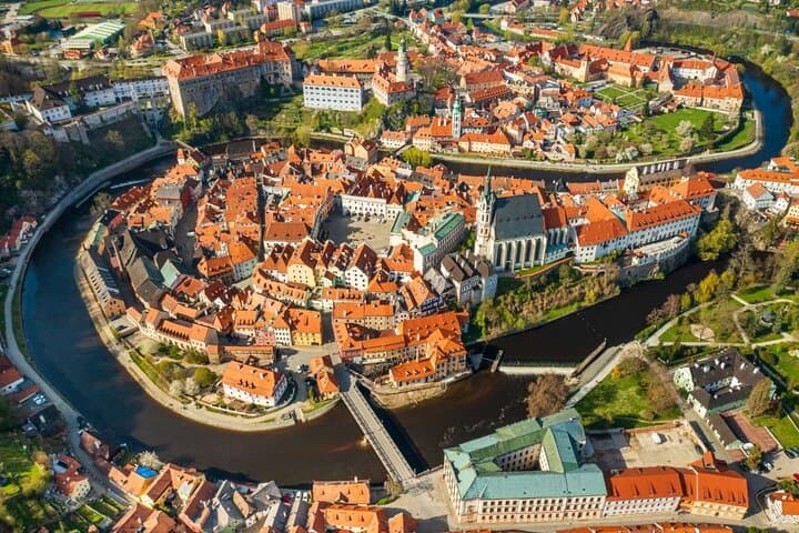 The historic core of Český Krumlov wrapped by the Vltava River