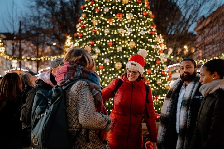 Evening Christmas tree lights creating a magical backdrop for our private Prague Christmas market experience.