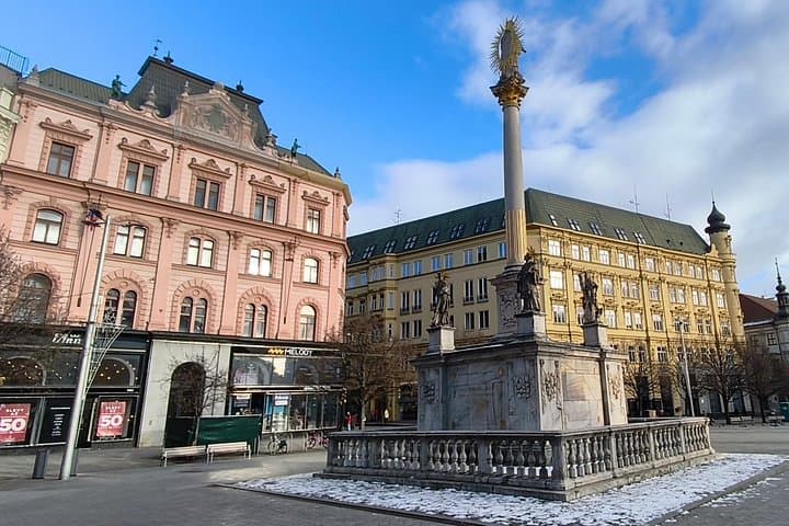 Baroque Plague Column on Freedom Square in Brno, built in the late 17th century as a memorial to the plague epidemic and a prominent historic landmark in the city’s main square.