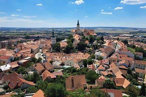 Panorama of Mikulov, Church clock tower and castle.