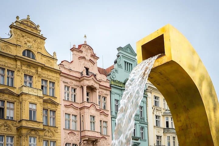 The modern golden fountain in the Republic Square in the center of Pilsen.
