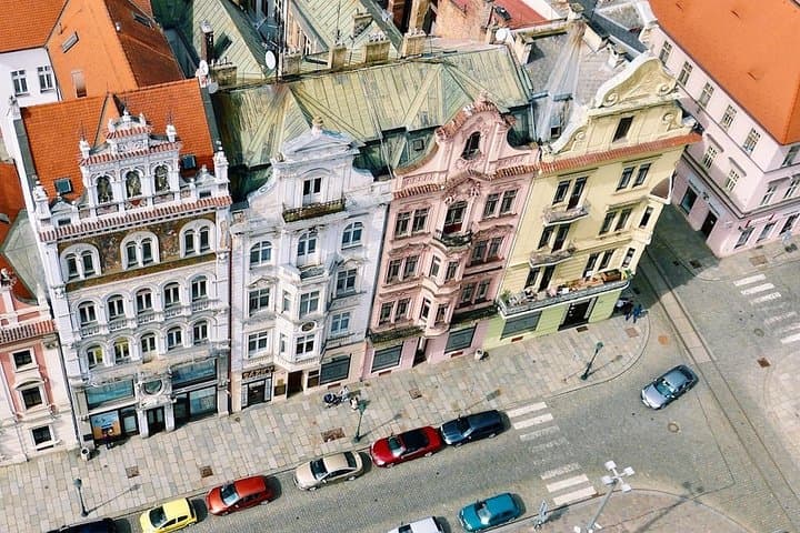 The typical colorful facades in the historic center of Pilsen.